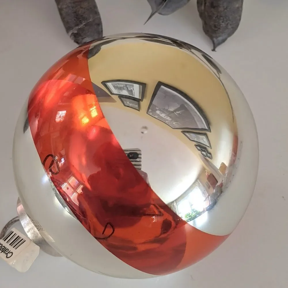 Crate&Barrel Orange And Silver Round Glass Christmas Ornament
